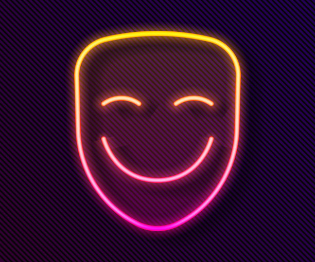 发光的霓虹灯线喜剧戏剧面具图标孤立的黑色背景。向量图片下载