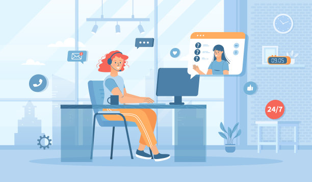 客户服务。戴耳机的接线员向客户咨询，回答问题，解决问题。平面卡通矢量插图与人的横幅，网站设计或登陆页字符。图片下载