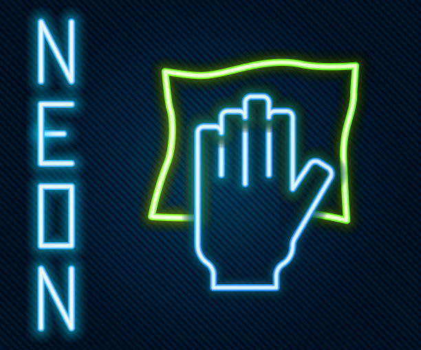 发光的霓虹灯线清洁服务图标孤立的黑色背景。乳胶护手标志。家务清洁设备标志。色彩缤纷的轮廓概念。向量图片下载