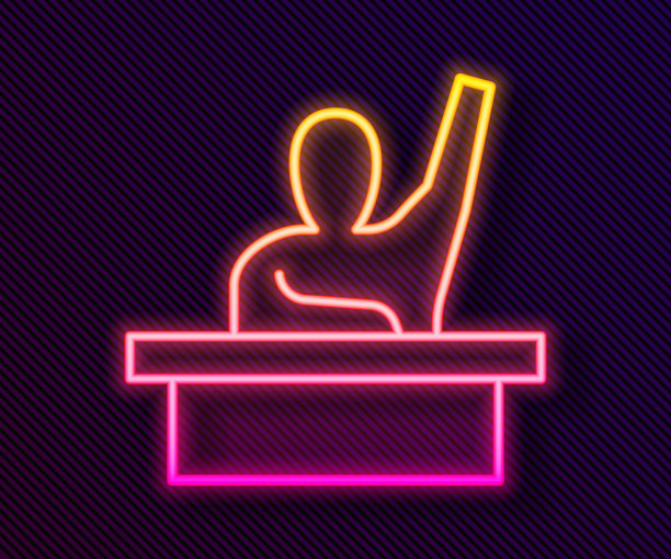 活跃的男孩举手回答老师的问题，图标孤立在黑色背景上。一个小学生举起了手。向量图片下载