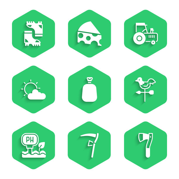 集全袋，镰刀，木斧，公鸡风向标，土壤ph值测试，太阳和云，拖拉机和防水橡胶靴图标。向量图片下载