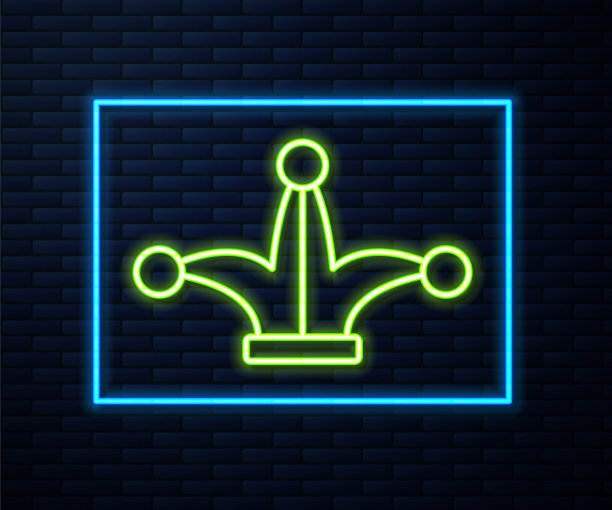 发光的霓虹灯线小丑纸牌图标孤立的砖墙背景。戴上铃铛的小丑帽子。赌场赌博。向量图片下载