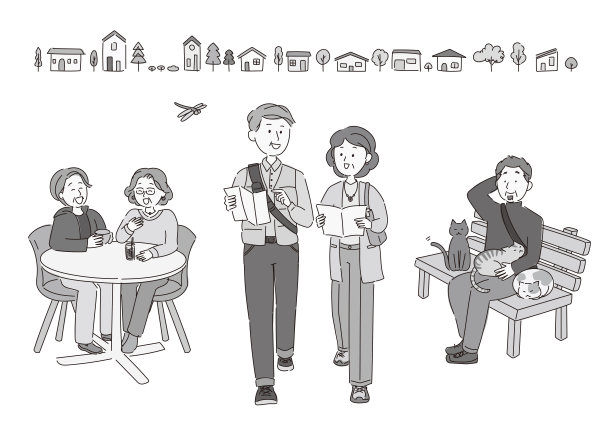 老年人享受观光和城市步行活动的黑白插图。图片下载