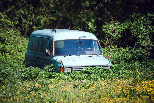 一辆废弃的蓝色货车停在旷野里图片下载