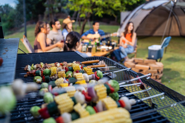 一群不同的朋友一起在帐篷里举行户外露营聚会。迷人的年轻男子和女子旅行者烹饪食物烧烤，享受在森林假期旅行期间闲逛。图片下载