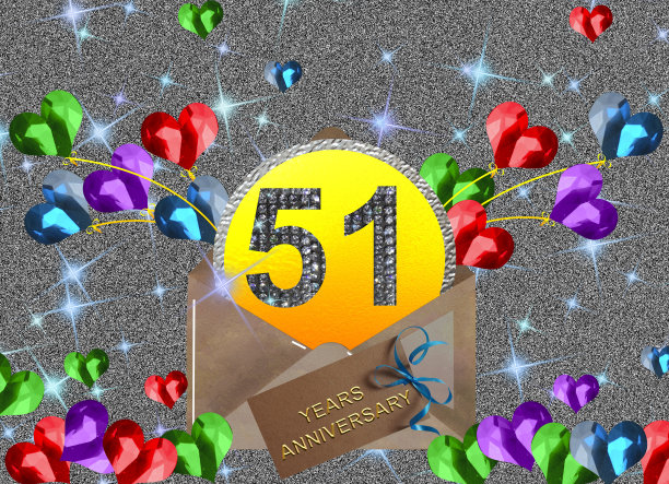 3d插图，51周年纪念。节日背景上的金色数字。周年庆典、派对的海报或卡片图片下载