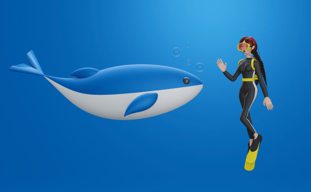 和鲸鱼一起游泳。在深蓝色的海洋中，鲸鱼在水下接近一名戴水肺的潜水员，类似于攻击，但没有攻击性。图片下载