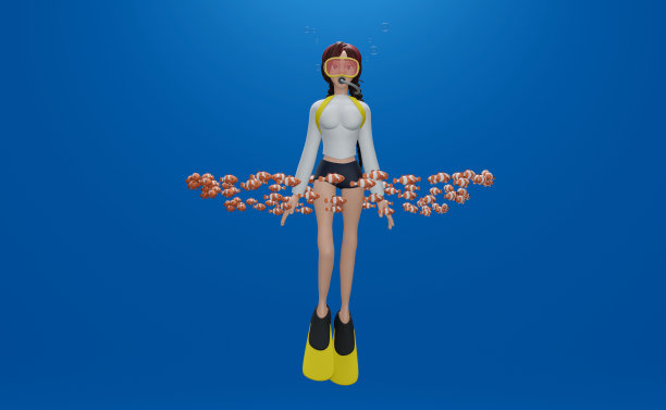 跳水女孩与鱼群在蓝色的海洋中滑翔。图片下载