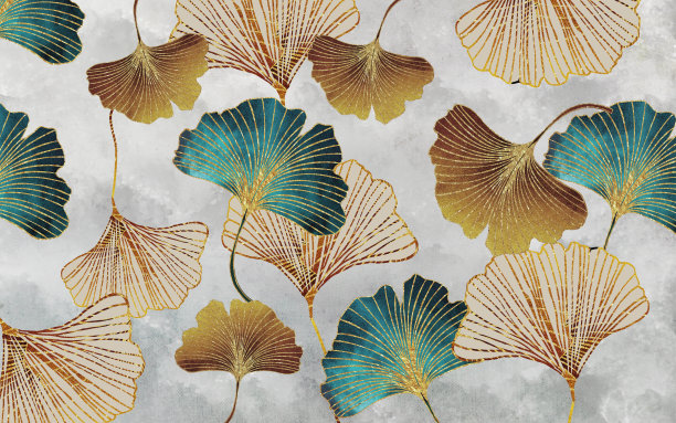 3d壁画壁纸。浅灰色背景中的绿松石和金色银杏叶。图片下载