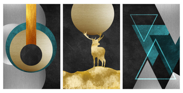 3d现代壁画艺术壁纸。金色的波浪线和金色的鹿。金色、银色和绿松石色的圆圈，以及黑色大理石背景的三角形图片下载