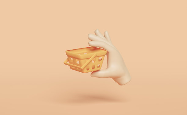 3d手拿空购物车或篮子孤立的橙色背景。概念3d渲染图图片下载