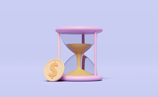3d粉红色沙漏与美元硬币隔离在紫色的背景。业务增长概念，3d插图或3d渲染图片下载