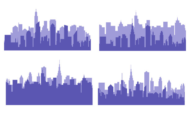 现代城市景观轮廓矢量集合。简单极简的蓝色城市天际线背景。城市城市景观轮廓矢量插图。图片下载