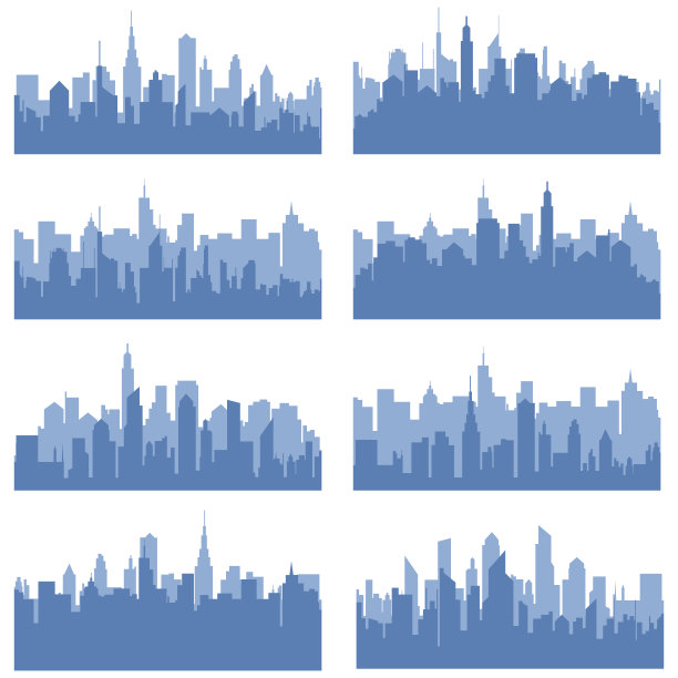 现代城市景观轮廓矢量集合。简单极简的蓝色城市天际线背景。城市城市景观轮廓矢量插图。图片下载