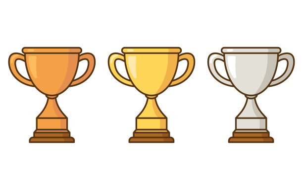 金，银，和青铜奖杯卡通图标收集。第一名，平式冠军奖杯。矢量平面轮廓图标图片下载