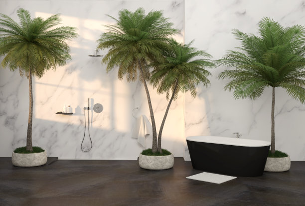 现代豪华浴室淋浴和手掌- 3D插图图片下载