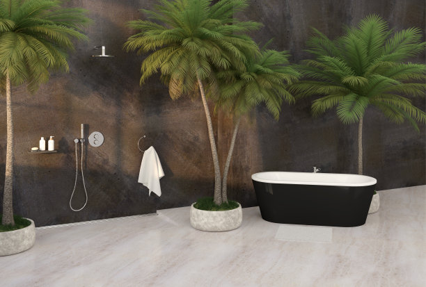 现代豪华浴室淋浴和手掌- 3D插图图片下载