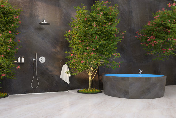 现代豪华浴室淋浴和手掌- 3D插图图片下载