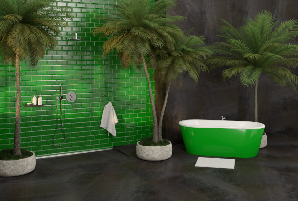 现代豪华浴室淋浴和手掌- 3D插图图片下载