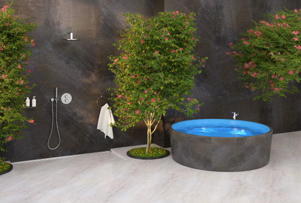 现代豪华浴室淋浴和手掌- 3D插图图片下载