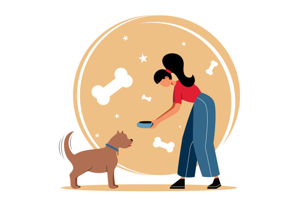 穿着工作服的年轻女士拿着盛有动物食物的盘子，正在给无家可归的狗喂食图片下载