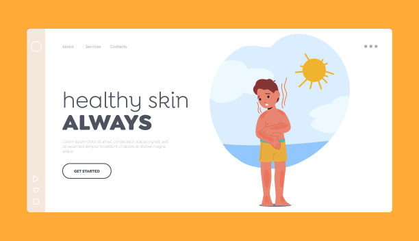 健康的皮肤总是登陆页面模板。不快乐的孩子皮肤晒伤疼痛，小男孩皮肤发红图片下载