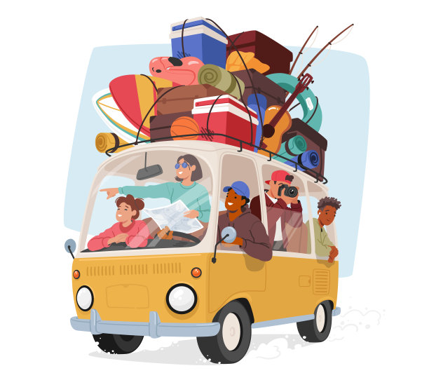 享受汽车旅行的幸福家庭。充满乐趣的父母和孩子的角色骑复古车在公路旅行，拍摄照片图片下载