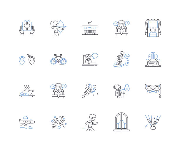 Trek系列图标集合。冒险，探索，大胆，前沿，发现，旅程，激动人心的矢量和线性插图。徒步旅行，探险，自然轮廓标志设置图片下载