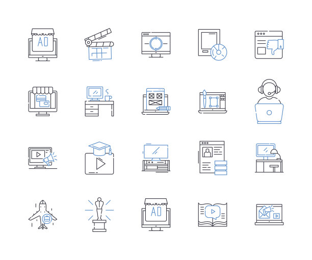 视频制作人线图标集合。电影摄影，编辑，前期制作，后期制作，故事板，电影制作，照明矢量和线性插图。声音设计，方向，剧本，大纲，标志设置图片下载