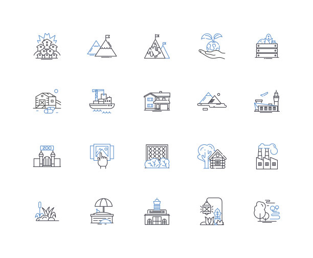 山谷风景线图标集合。风景优美，风景如画，雄伟，惊险，宁静，田园诗般的，惊人的矢量和线性插图。青翠，郁郁葱葱，五彩缤纷的轮廓标志集图片下载