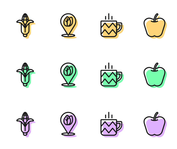 设置线杯茶，玉米，位置与叶子和苹果图标。向量图片下载