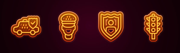 出租汽车保险，司机保险，带盾人寿保险，交通灯保险。发光的霓虹灯图标。向量图片下载