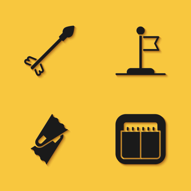 集中世纪的箭头，运动机械计分板，鳍为游泳和旗帜图标长阴影。向量图片下载