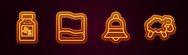 产品系列:安眠药、枕头、铃、羊。发光的霓虹灯图标。向量图片下载