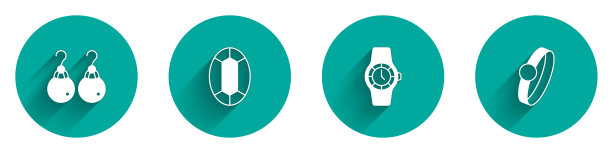 集耳环，宝石，手表和钻石订婚图标与长阴影。向量图片下载