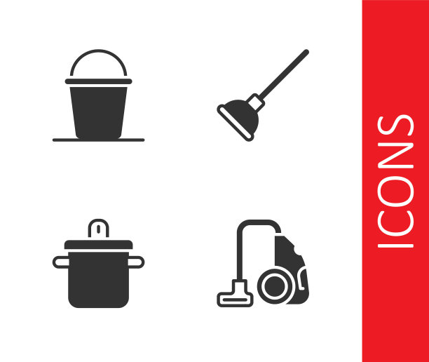 设置吸尘器，桶，烹饪锅和橡胶柱塞图标。向量图片下载