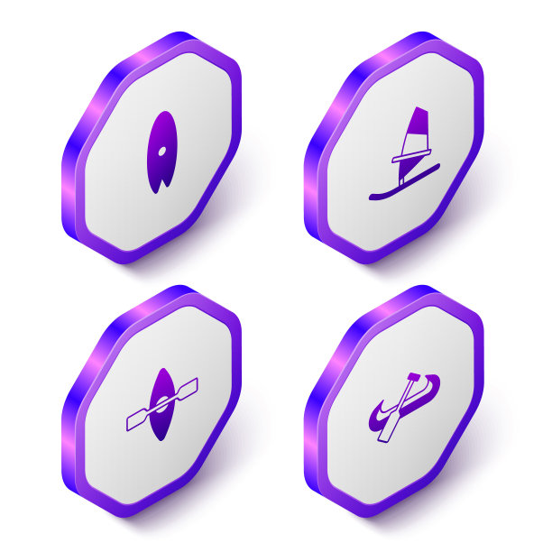 设置等距冲浪板，风帆冲浪，皮划艇和划桨和图标。紫色六边形按钮。向量图片下载