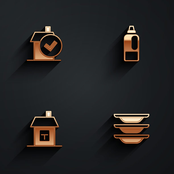 设置家庭清洁服务，瓶洗涤剂，家庭和洗涤餐具图标长阴影。向量图片下载