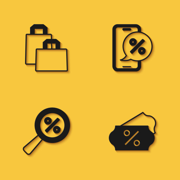 集纸购物袋，折扣百分之标签，放大镜与手机图标上的百分比折扣与长阴影。向量图片下载