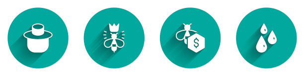 设置养蜂人与保护帽，蜂王，出售蜜蜂和蜂蜜图标与长阴影。向量图片下载