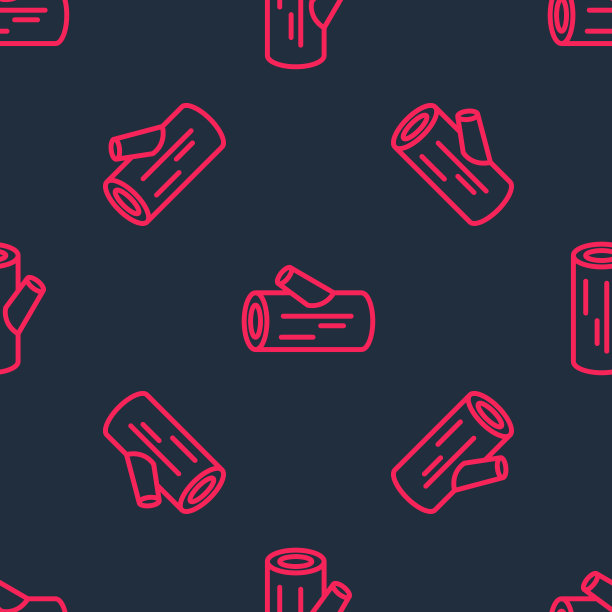 红线木原木图标隔离无缝图案黑色背景。一堆柴火。向量图片下载