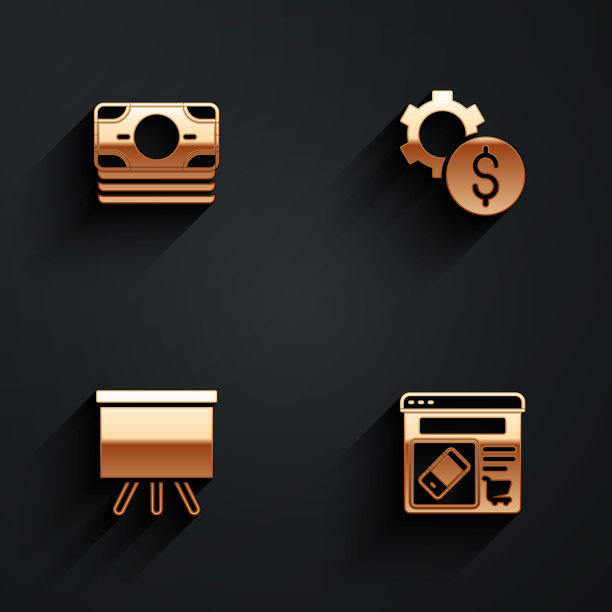 集堆栈纸币现金，齿轮与美元符号，黑板和网上购物屏幕图标长阴影。向量图片下载