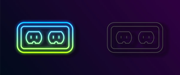 发光的霓虹灯线电源插座图标孤立的黑色背景。电源插座。玫瑰的象征。向量图片下载