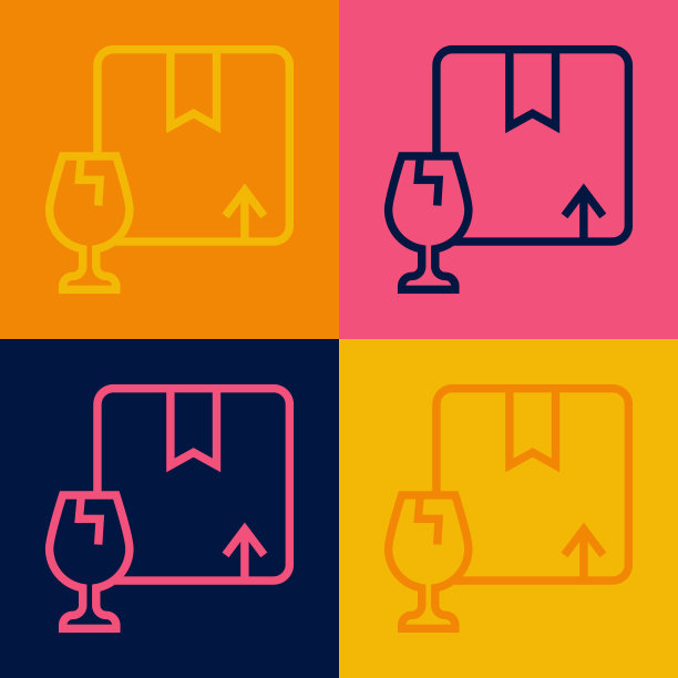 波普艺术线条快递包装盒易碎的内容符号，破碎的玻璃图标孤立在彩色背景上。盒子、包装、包裹标志。向量图片下载