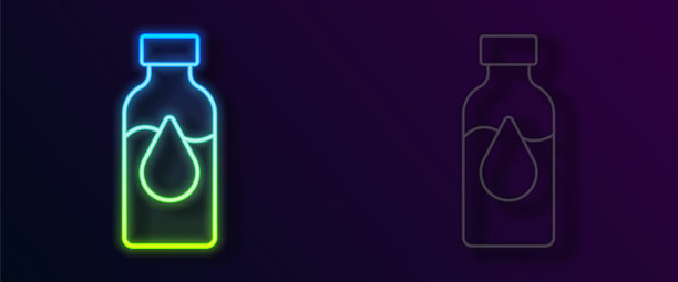 发光的霓虹灯线石油汽油试管图标孤立的黑色背景。化学瓶和掉落的水滴。向量图片下载