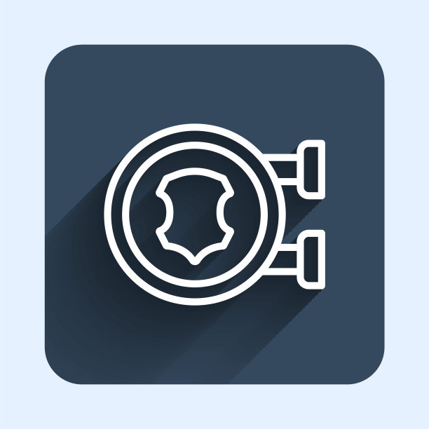 白线皮革图标与长阴影背景隔离。蓝色方形按钮。向量图片下载