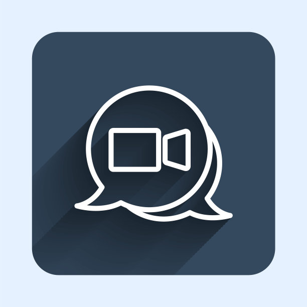 白线视频聊天会议图标与长阴影背景隔离。在线会议在家办公。远程项目管理。蓝色方形按钮。向量图片下载