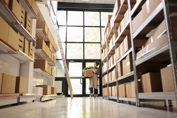 女主管在盘点时拎着纸板箱图片下载