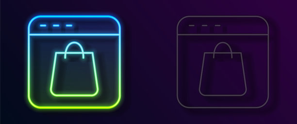 发光的霓虹线网上购物的屏幕图标孤立的黑色背景。概念电子商务，电子商务，网上商务营销。向量图片下载