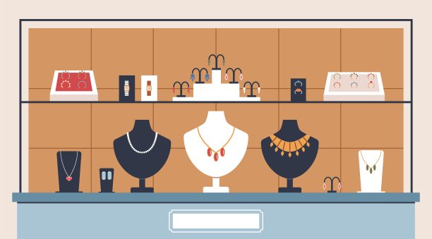 珠宝店橱窗。现代魅力配件背后的玻璃，珍贵的模型演示，项链和耳环，戒指在展台上，卡通平面孤立插图现在矢量概念图片下载